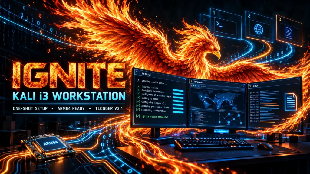 Ignite Kali i3 workstation with phoenix, automated setup, ARM64 support, tiled terminals and TLogger V3.1