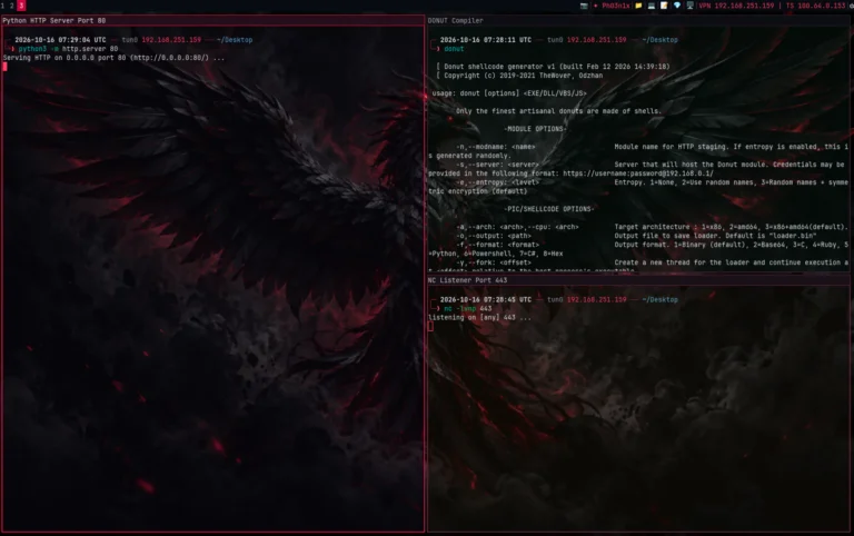 Kali Linux i3 tiling workspace running a Python HTTP server, Donut compiler, and Netcat listener