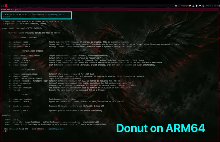 Donut shellcode generator running on ARM64 Kali Linux inside the Ignite workstation