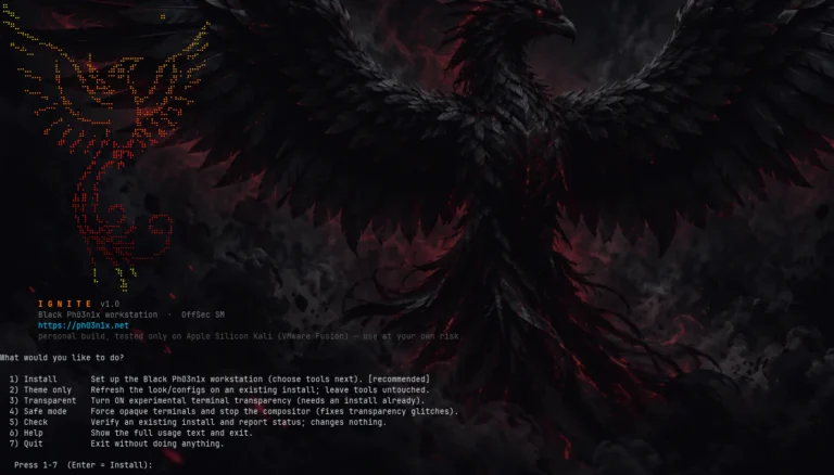 Ignite installer menu for a custom Kali Linux i3 workstation on Apple Silicon