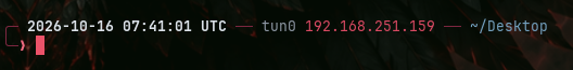 Custom Kali Linux Zsh prompt displaying a UTC timestamp, tun0 VPN address, and current directory
