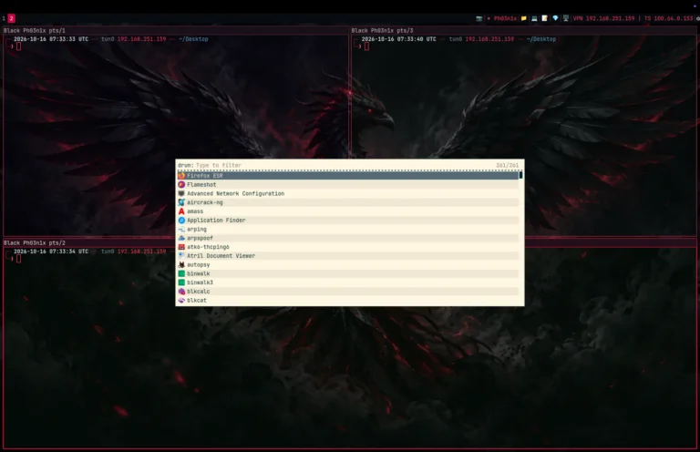 Rofi application launcher open over tiled terminals in a customized Kali Linux i3 workspace