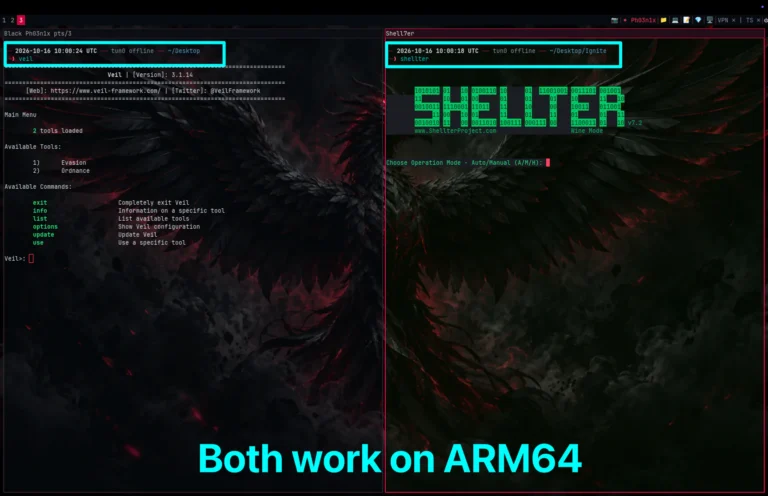 Veil Framework and Shellter running side by side on ARM64 Kali Linux in the Ignite workstation